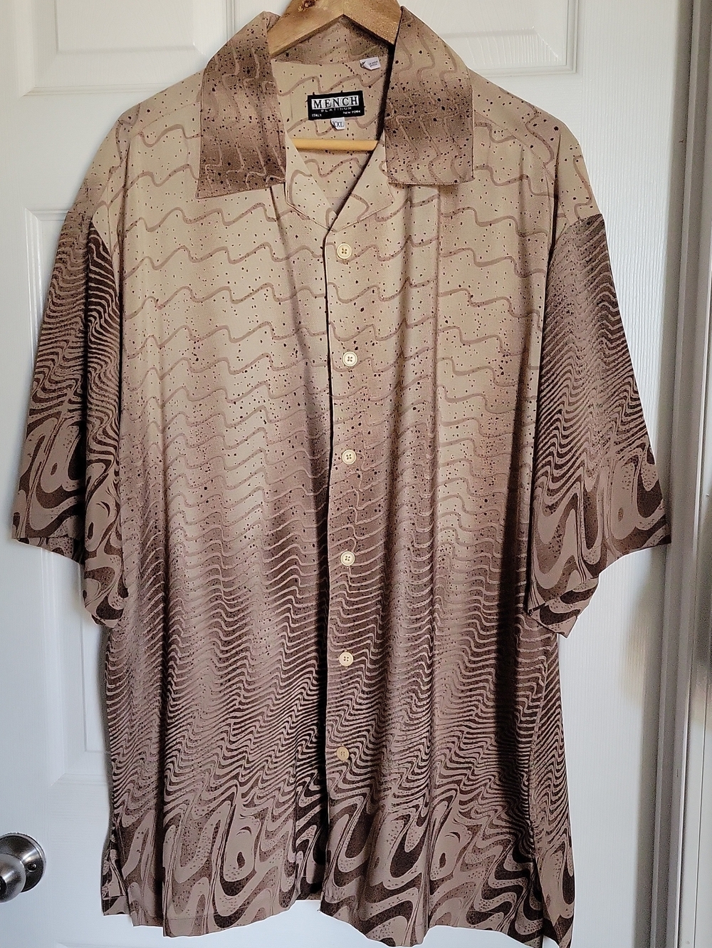 Men's XXL Mench Platinum Itay New York  Brown Wavy Patterned Short Sleeve Shirt